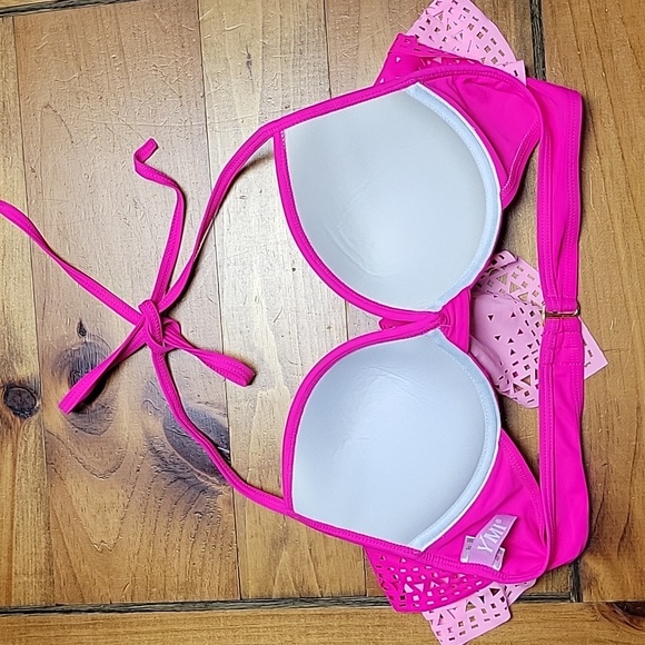 YMI Pink Padded Laser Cut Halter Bikini Top - Picture 3 of 5